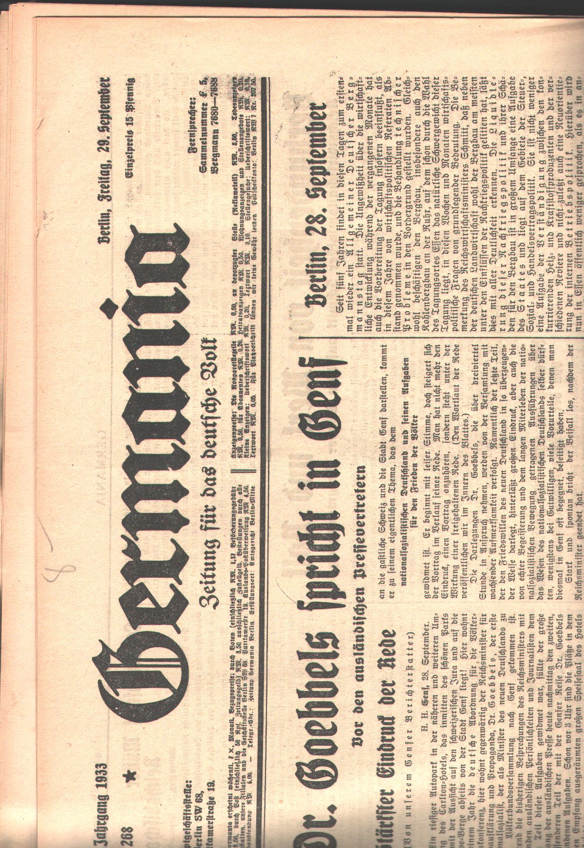 Germania Zeitung für das deutsche Volk 29. September 1933 Randbuch.info