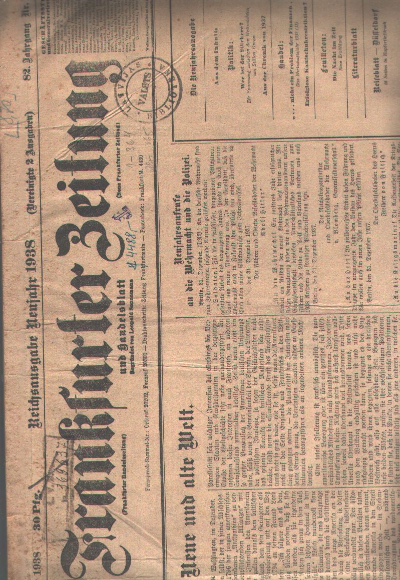 Frankfurter Zeitung Nr. 1 1. Januar 1938 bis Nr. 110 1. März 1938