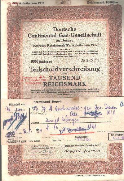 Deutsche+Continental+-+Gas+-+Gesellschaft+zu+Dessau+Teilschuldverschreibung+%C3%BCber+1000+Reichsmark