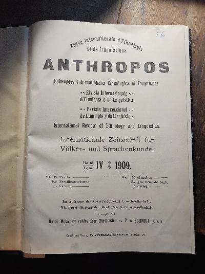 Anthropos Internationale Zeitschrift für Völker und Sprachenkunde  Band IV Heft 1 - Front Cover