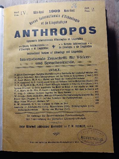 Anthropos Internationale Zeitschrift für Völker und Sprachenkunde  Band IV Heft 2 - Front Cover