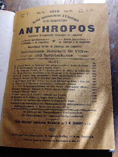 Anthropos Internationale Zeitschrift für Völker und Sprachenkunde  Band V Heft 5,6 - Front Cover