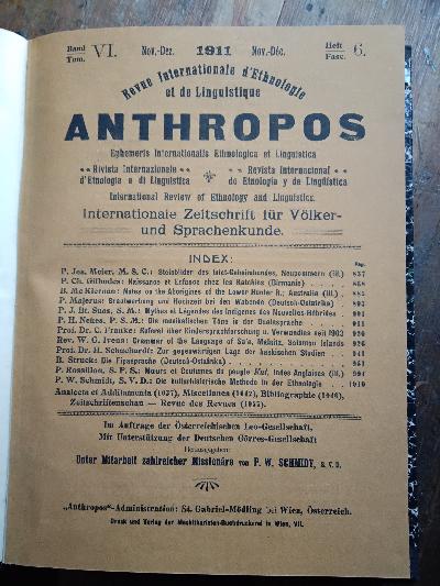 Anthropos Internationale Zeitschrift für Völker und Sprachenkunde  Band VI Heft 6 - Front Cover