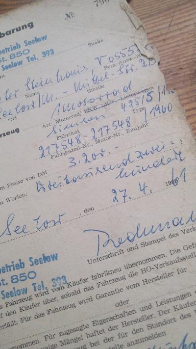 Kaufvereinbarung über ein Motorrad Simson 425 S 1 - Front Cover