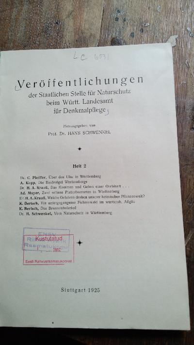 Veröffentlichungen der staatlichen Stelle für Naturschutz beim Württ. Landesamt für Denkmalpflege Heft 2 - Front Cover
