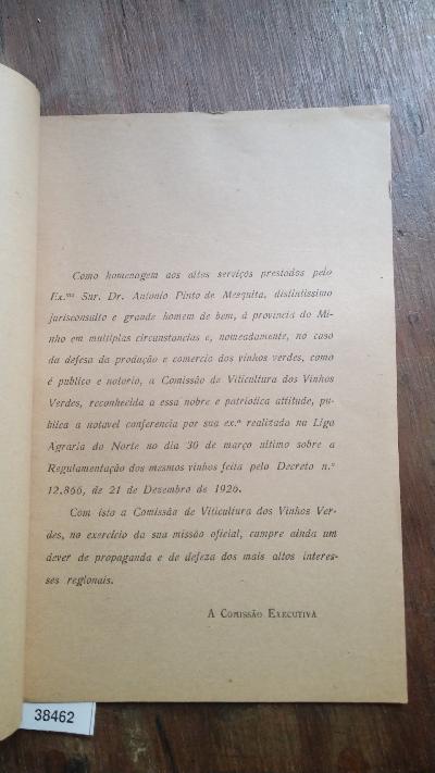 Regulamentacao dos Vinhos Verdes  Conferência feita pelo Dr. António Pinto de Mesquita Carvalho Na Liga Agrária do Norte no dia 30 de Março de 1928 - Front Cover