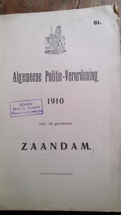 Algemeene Politie - Verordening 1910 voor de gemeente Zaandam - Front Cover