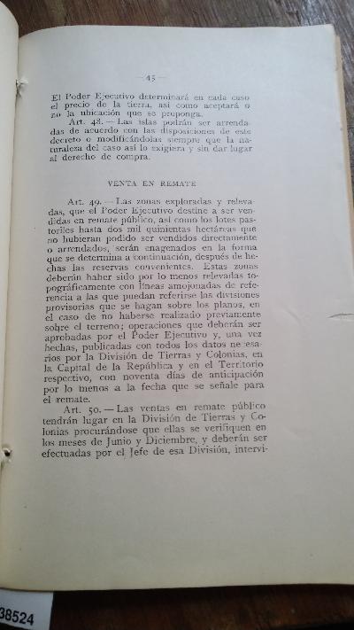 Ley de Tierras  Sus Decretos Reglamentarios y Disposiciones Generales en Vigencia que Rigen la Venta y el Arrendamiento de la Tierra Pública - Front Cover