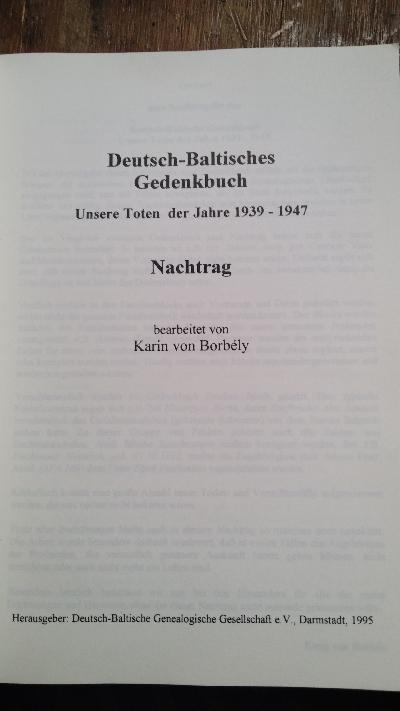 Deutsch - baltisches Gedenkbuch   Unsere Toten der Jahre 1939 - 1947  Nachtrag - Front Cover
