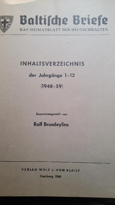 Baltische Briefe  Inhaltsverzeichnis der Jahrgänge 1 - 12  (1948 - 59) - Front Cover