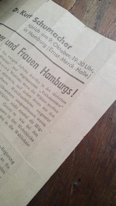 Dr. Kurt Schumacher sprich am 9. Oktober, 19.30 Uhr, in HamburgFlugblatt zur Wahl 1949 von der SPD - Front Cover