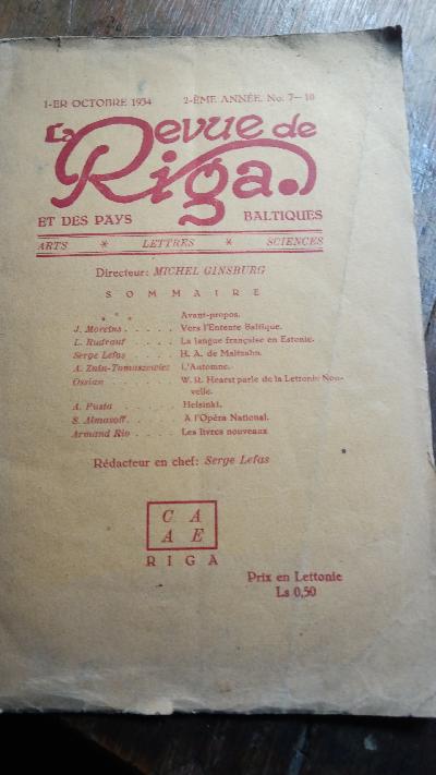 La Revue de Riga et des Pays Baltiques  1 - er Octobre 1934  2 - eme Annee Nr. 7 - 10 - Front Cover