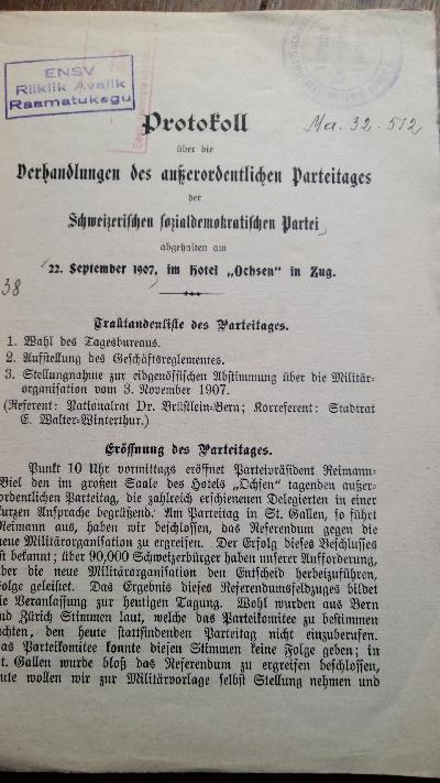 Protokoll über die Verhandlungen des ausserordentlichen Parteitages der Schweizerischen sozialdemokratischen Partei  abgehalten am 22. September 1907, in Zug - Front Cover