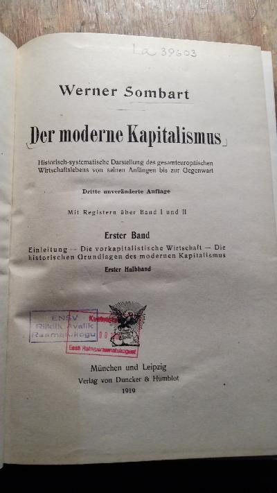 Der moderne Kapitalismus  Erster Band  Erste Hälfte - Front Cover